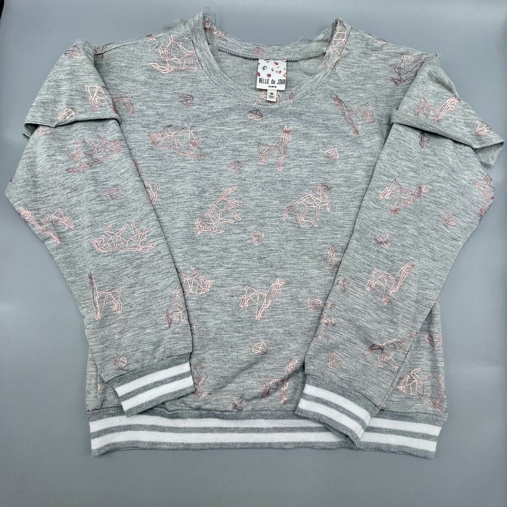 Belle Du Jour Girls Medium Long Sleeve Shirt Gray Pink Umicorns Llamas